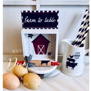 Farmhouse Farm to table shadow box sign and pitcher for your tier trays .